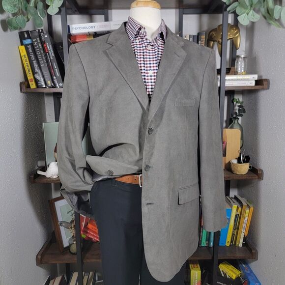 Stafford Essentials Men's Sport Coat‎ Blazer Three Button Gray Suede Size 46L